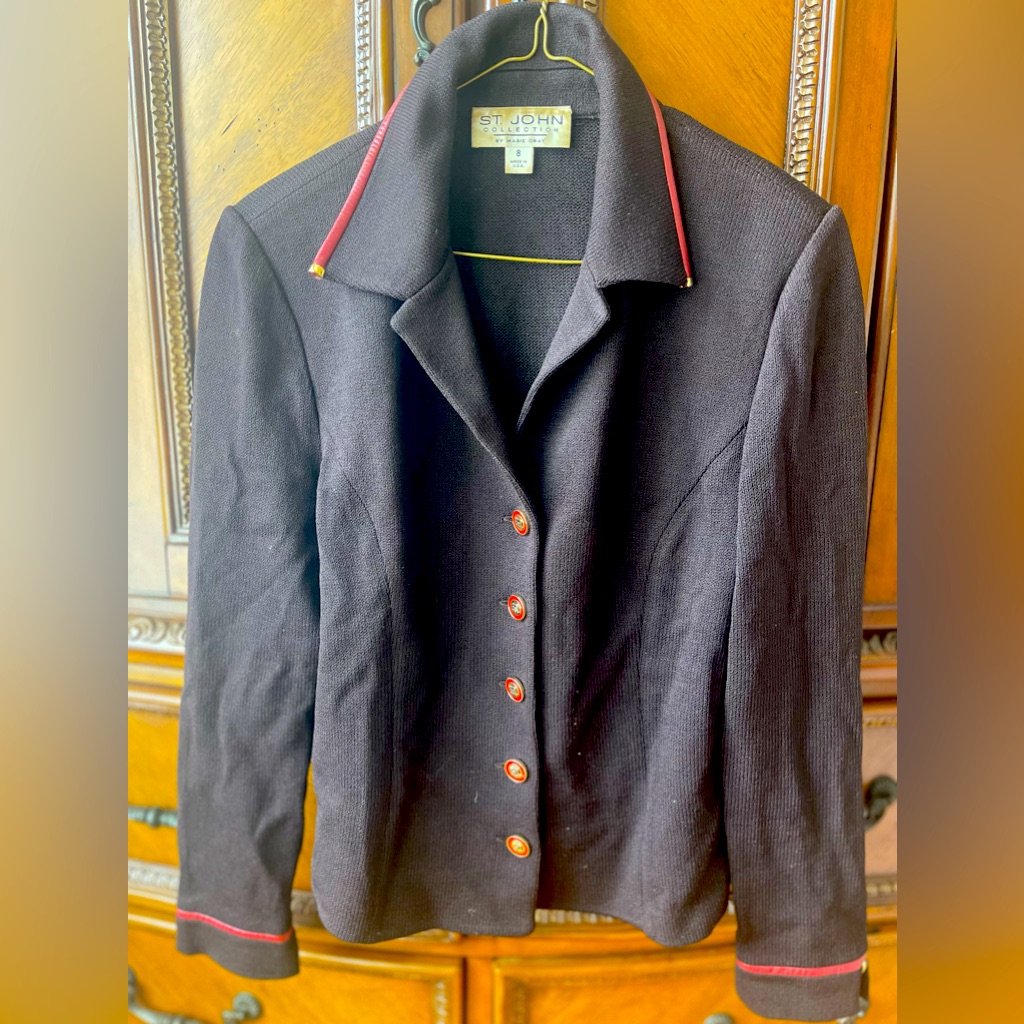 St. John Collection 8 Santana Knit Jacket Brown W/ Red Leather Trim & Buttons!